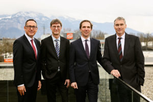 Obchodné vedenie spoločnosti Gebrüder Weiss (zľava doprava): Jürgen Bauer, Peter Kloiber, Wolfram Senger-Weiss (predseda) a Lothar Thoma (Gebrüder Weiss/Gnaudschun/február 2020).